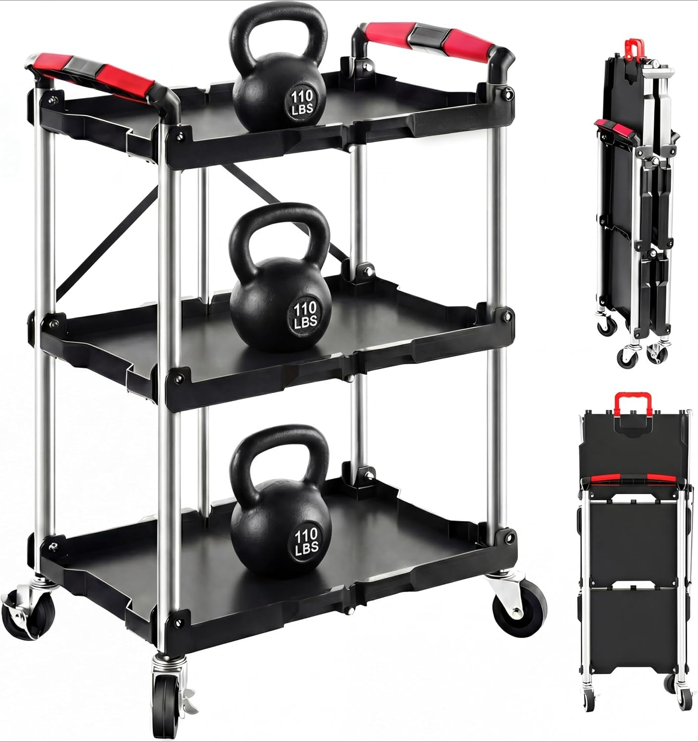 Home Improvement Supplies - 3段折りたたみ式ローリングユーティリティサービスカート 330LBS 耐荷重 折りたたみ式ホイール付きツール収納トロリー 家庭用ガレージ ワークショップ